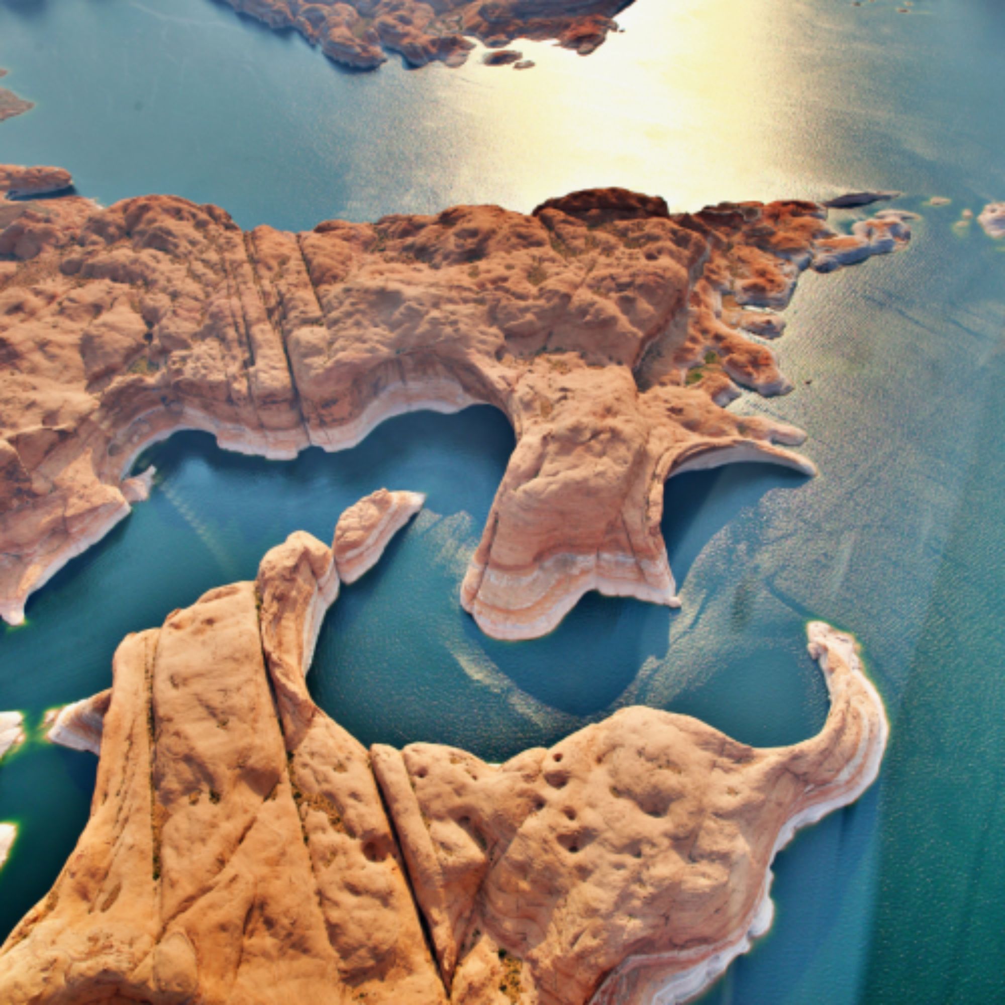 Beautiful red rock peninsula with bright blue surrounding water.