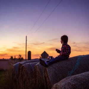 Child sitting on hay bales at sunset in rural Iowa, representing Iowa Healthy Hometowns and local rural communities.