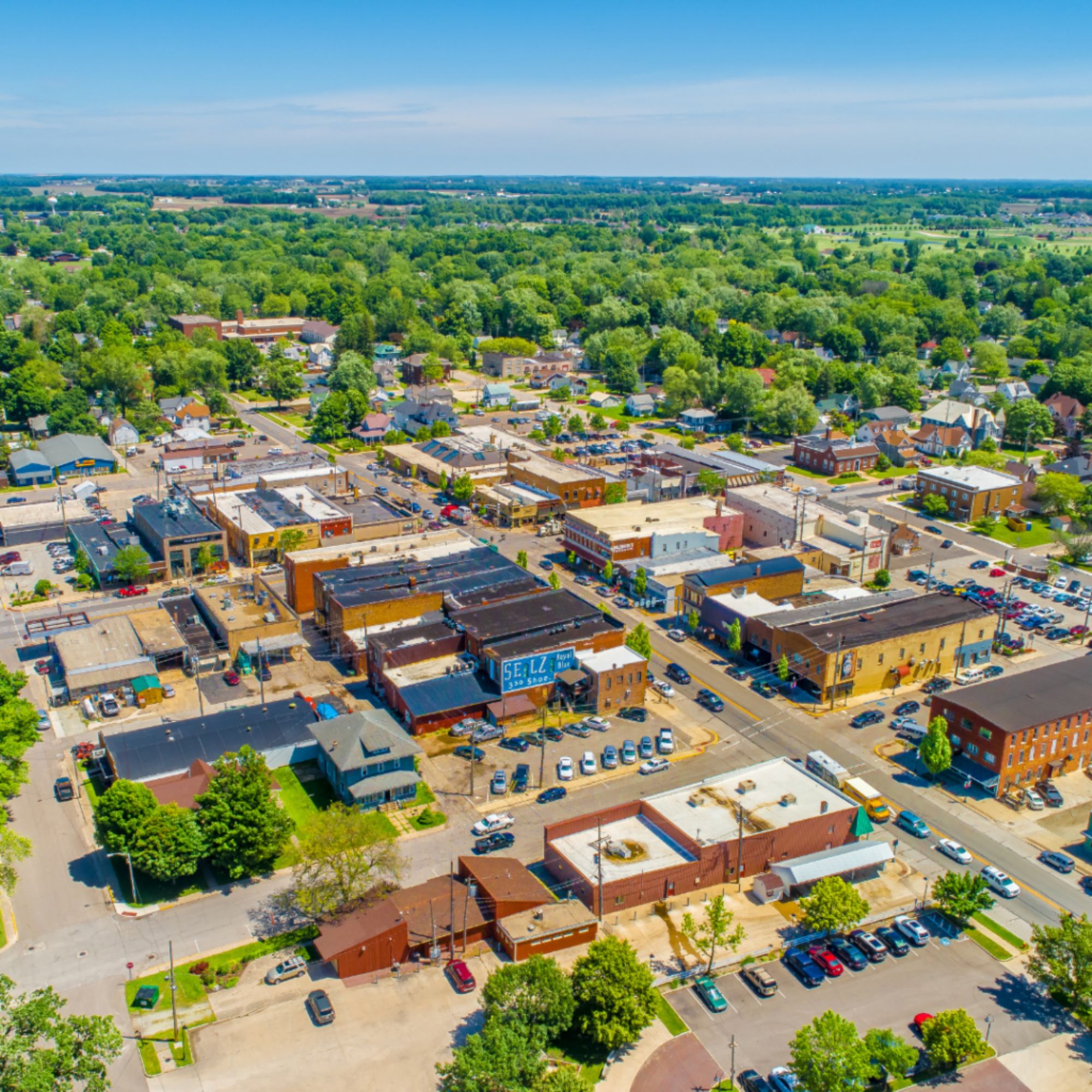Downtown area of a small rural town viewed from above.