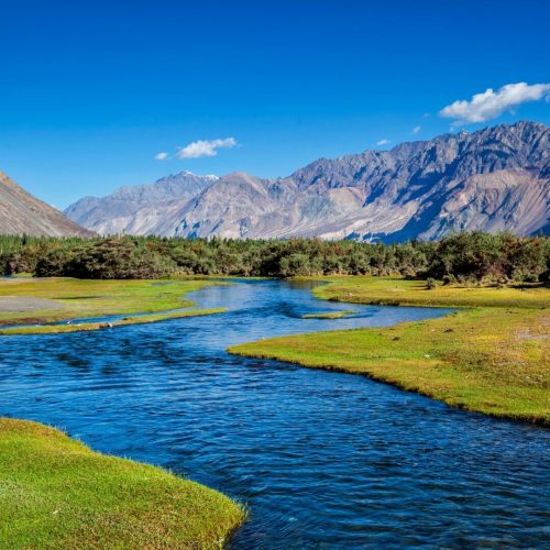 Winding blue river flowing through green grasslands with rugged mountains rising beneath a clear blue sky.