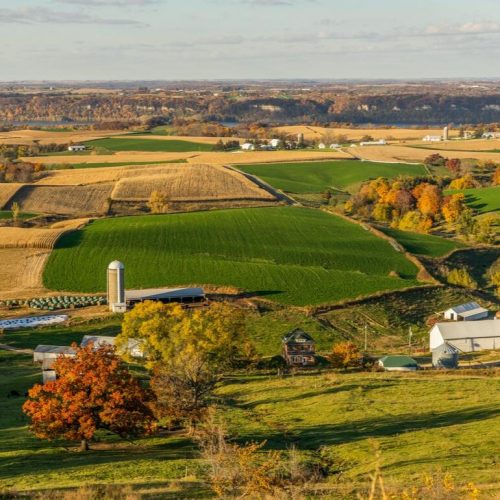 Aerial view of rolling farmland, fields, and farm buildings in a rural community in Minnesota.