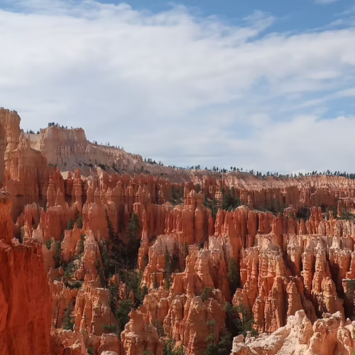View of Bryce Canyon's red rock hoodoos under a partly cloudy Utah sky.