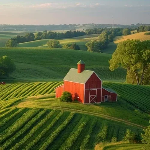 Red barn surrounded by rolling green fields and cultivated farmland.